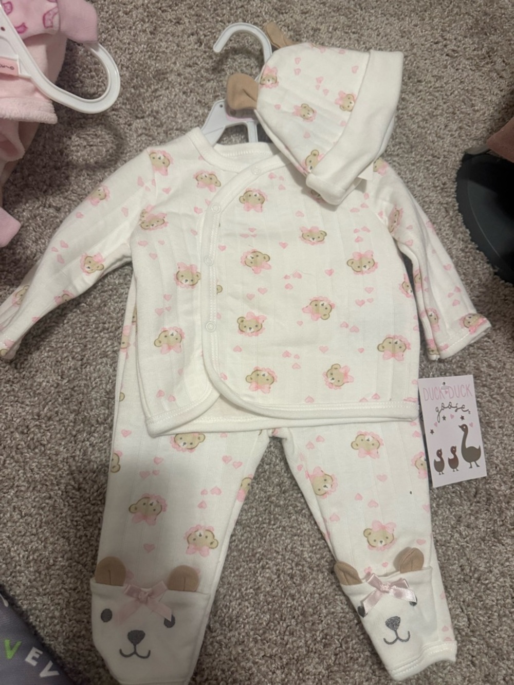 Duck Duck Goose Cream & Pink Bear Print Baby 3-Piece Set